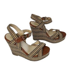 MIA Beige and Brown Striped Espadrille Wedge Sandals